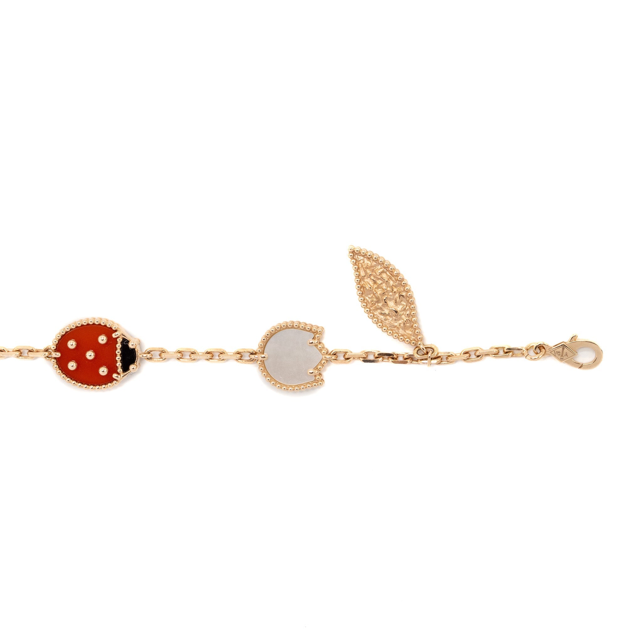 VAN CLEEF & ARPELS LUCKY SPRING BRACELET 5 MOTIFS ROSE GOLD/WHITE MOTHER OF PEARL/CARNELIAN/ONYX