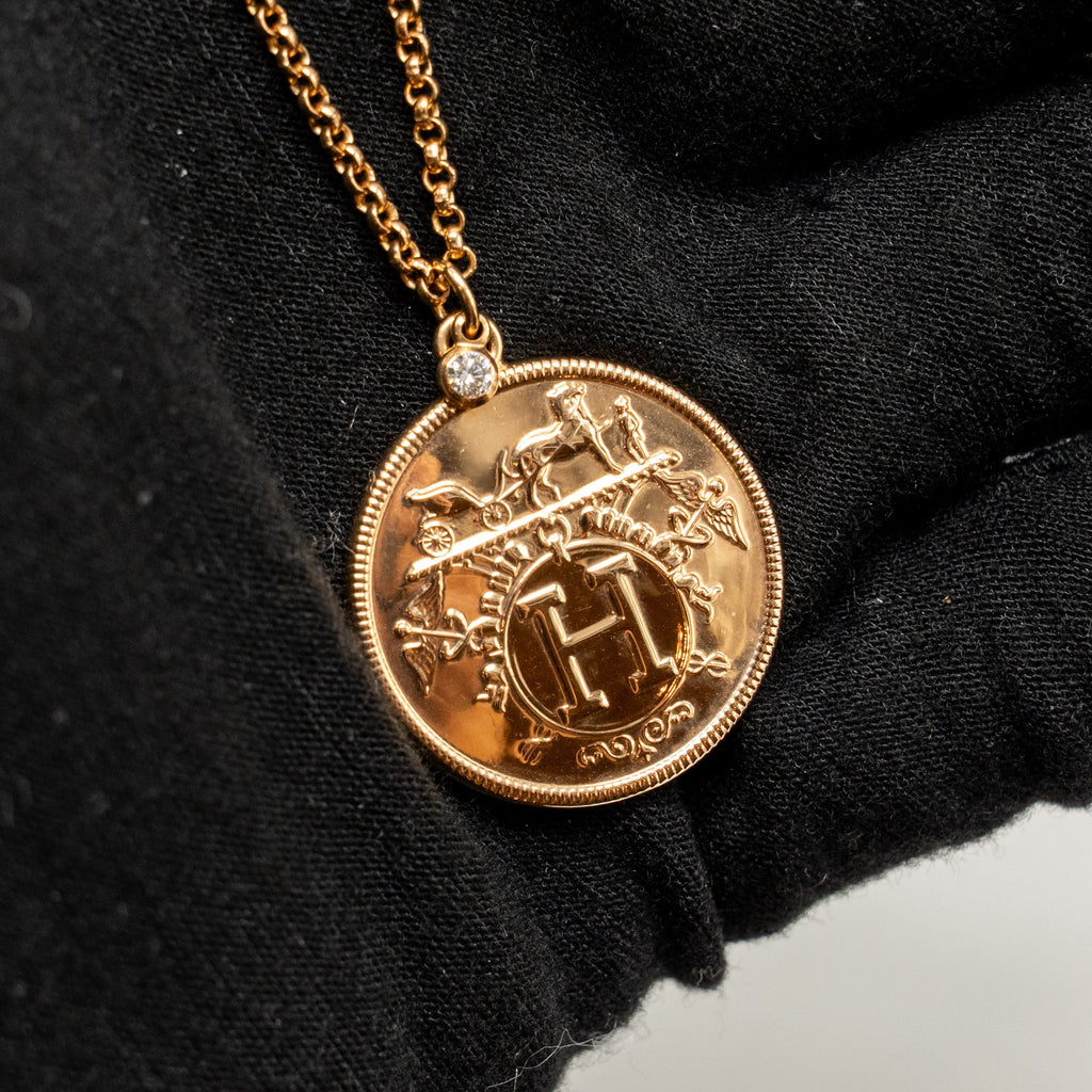 HERMES LONG EX LIBRIS GM PENDANT ROSE GOLD WITH DIAMOND