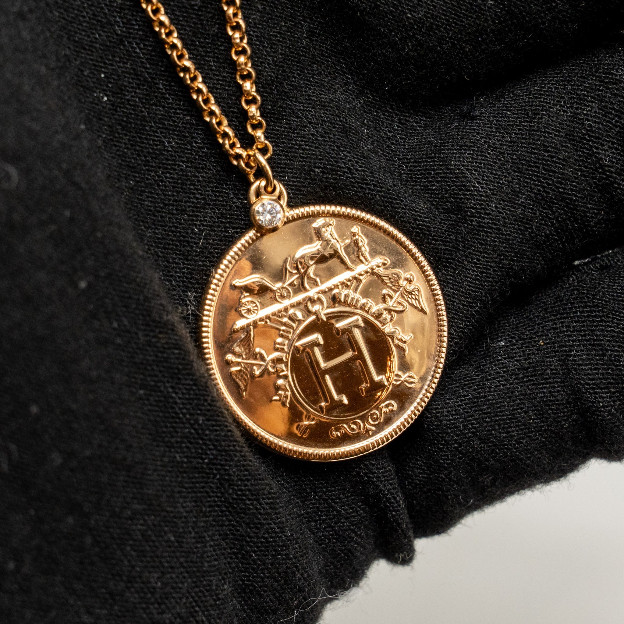 HERMES LONG EX LIBRIS GM PENDANT ROSE GOLD WITH DIAMOND
