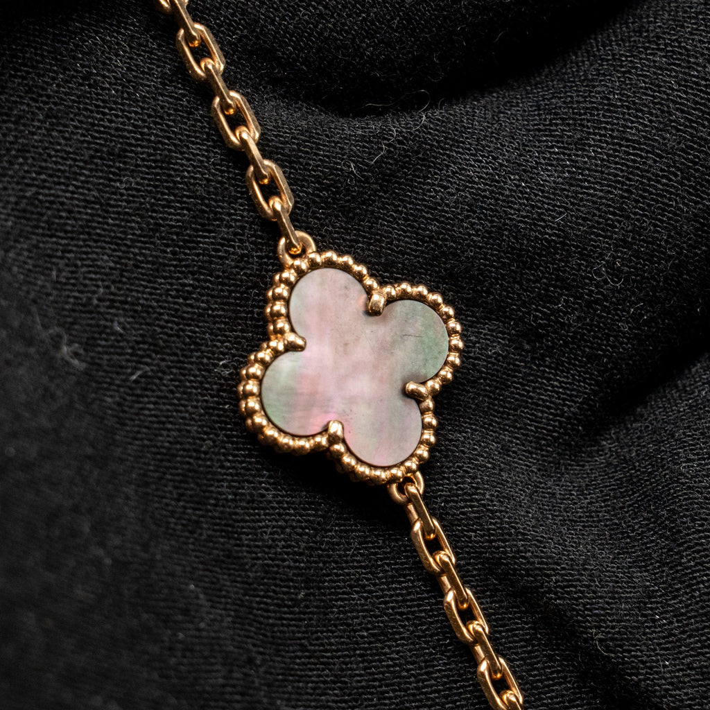 VAN CLEEF & ARPELS VINTAGE ALHAMBRA BRACELET 5 MOTIFS GREY MOTHER OF PEARL WITH DIAMONDS