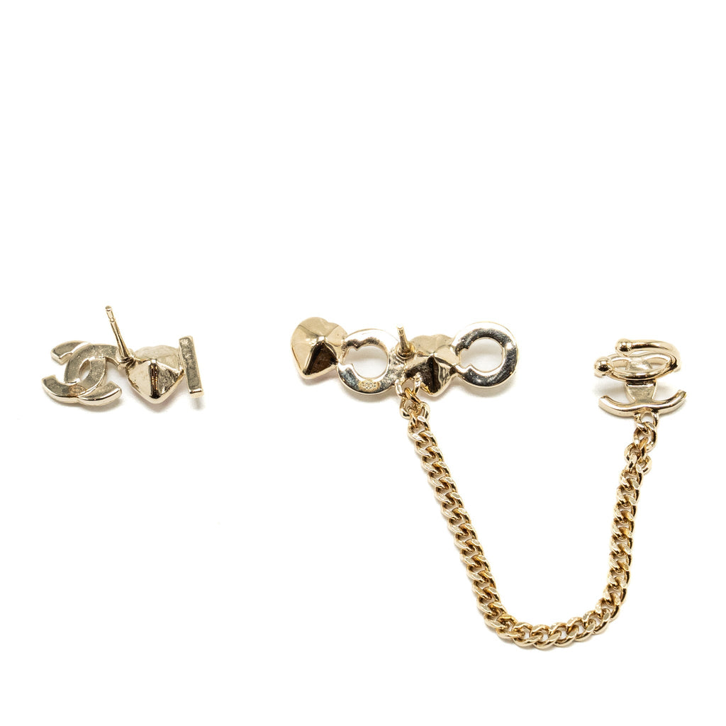CHANEL I LOVE COCO HEART CHAIN CLIMBER EARRINGS CRYSTAL/LIGHT GOLD TONE
