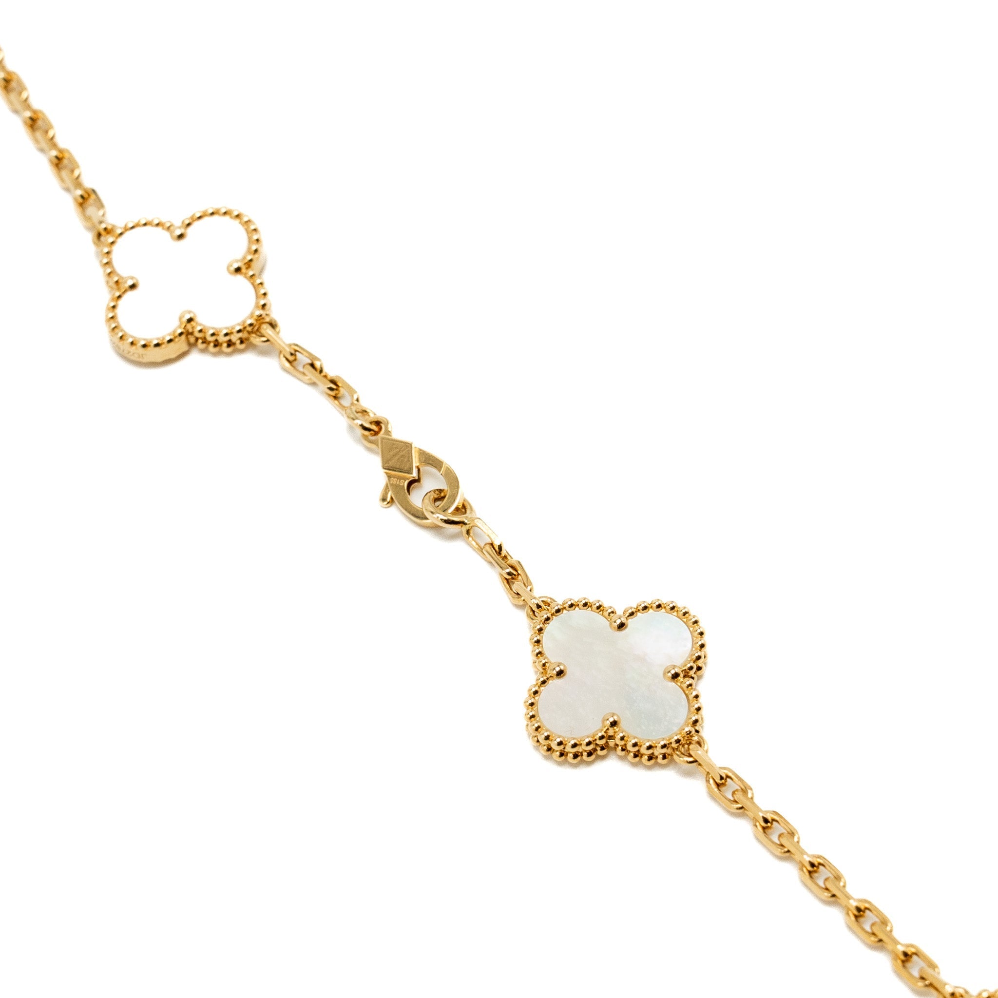 VAN CLEEF AND ARPELS VINTAGE ALHAMBRA 20-MOTIF LONG NECKLACE YELLO GOLD, WHITE MOTHER OF PEARL