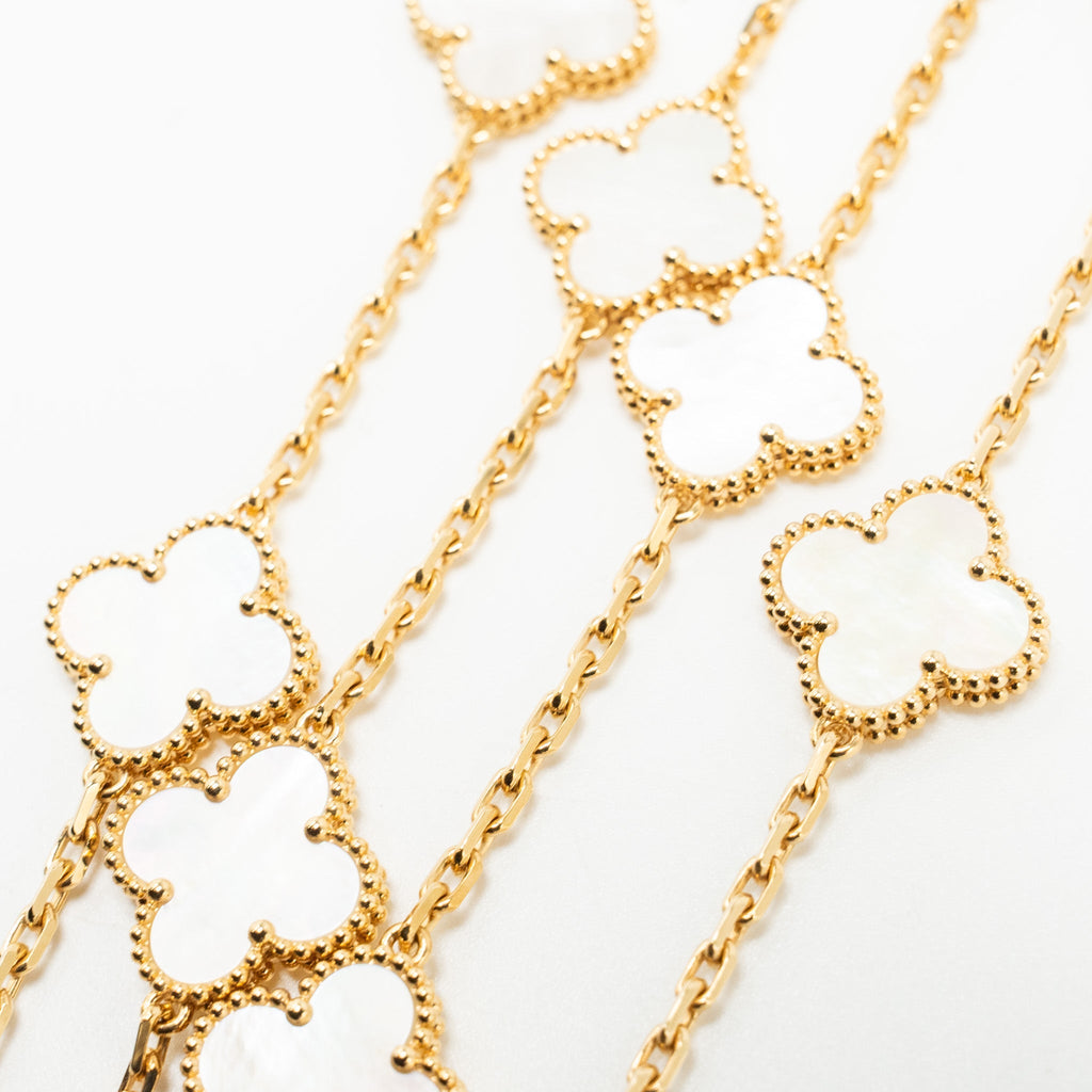 VAN CLEEF AND ARPELS VINTAGE ALHAMBRA 20-MOTIF LONG NECKLACE YELLO GOLD, WHITE MOTHER OF PEARL