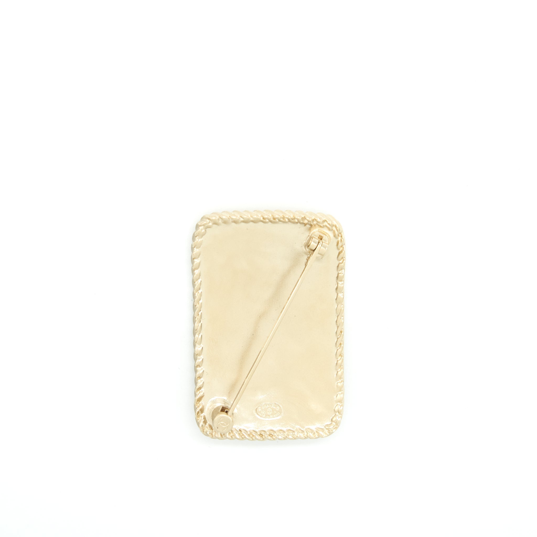 CHANEL CC LOGO AND CROWN METAL PLATE BROOCH BRUSHED LGHW
