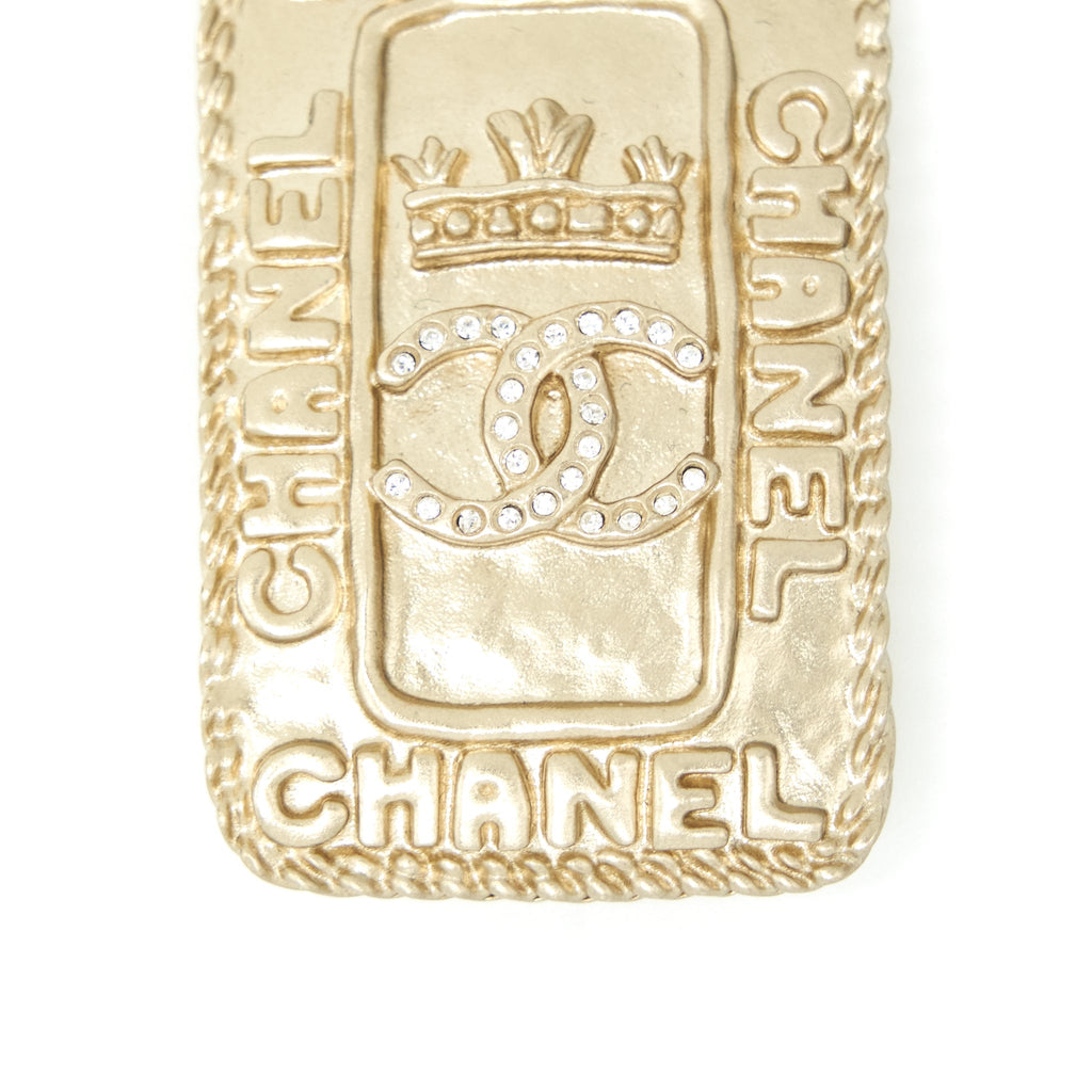 CHANEL CC LOGO AND CROWN METAL PLATE BROOCH BRUSHED LGHW