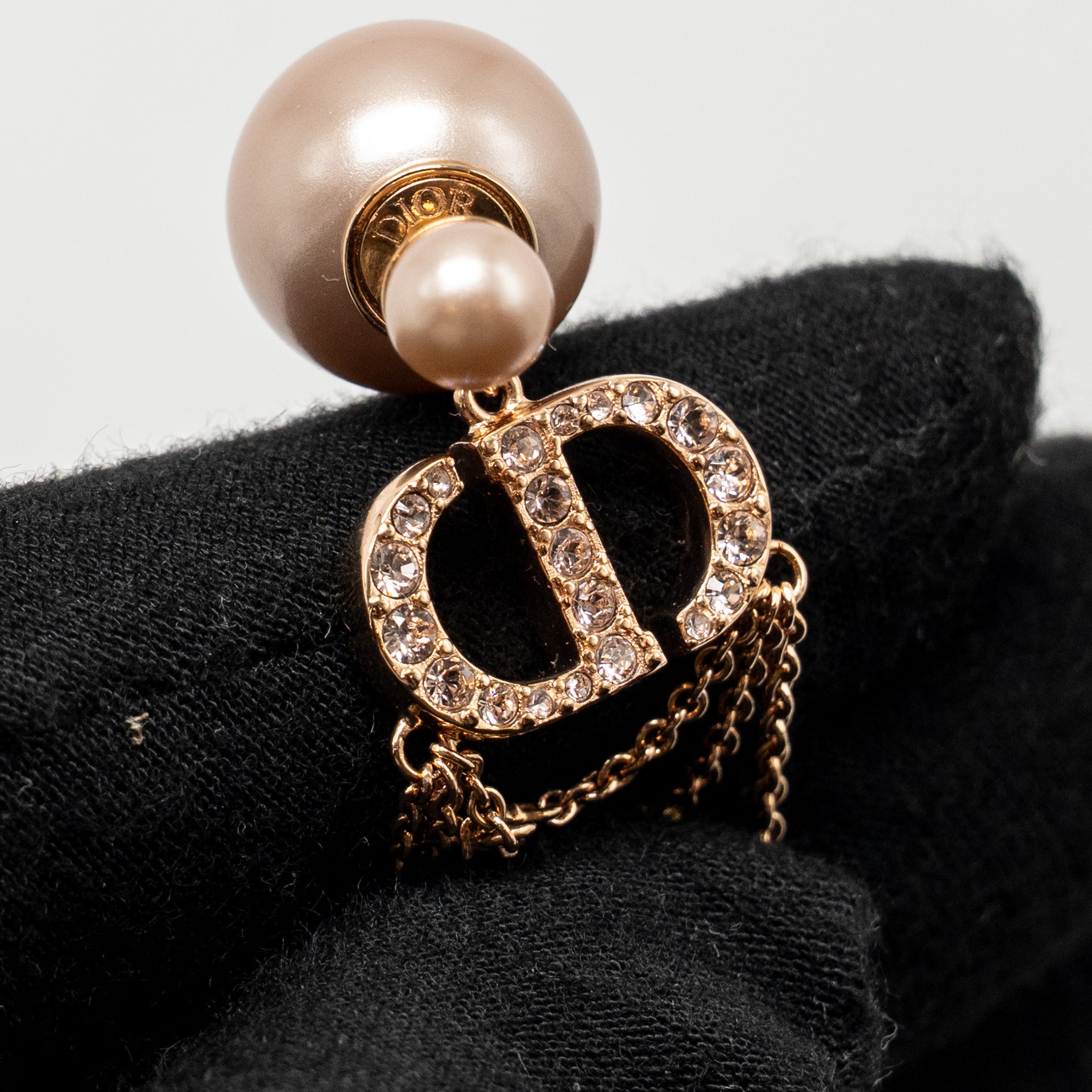 DIOR CD CRYSTAL DROPPED AND PEARL EARRINGS ROSE GOLD TONE