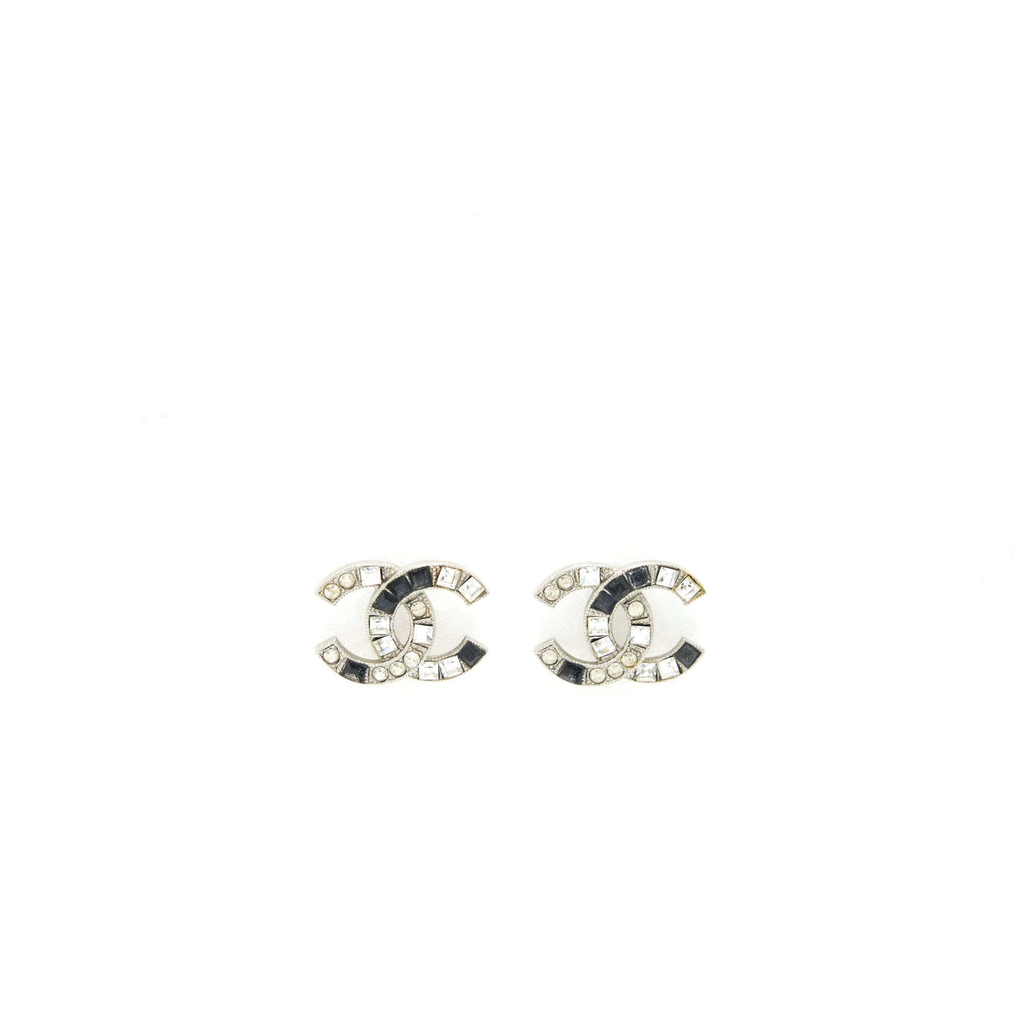 CHANEL CC LOGO CRYSTAL EARRINGS SILVER AND BLACK TONE