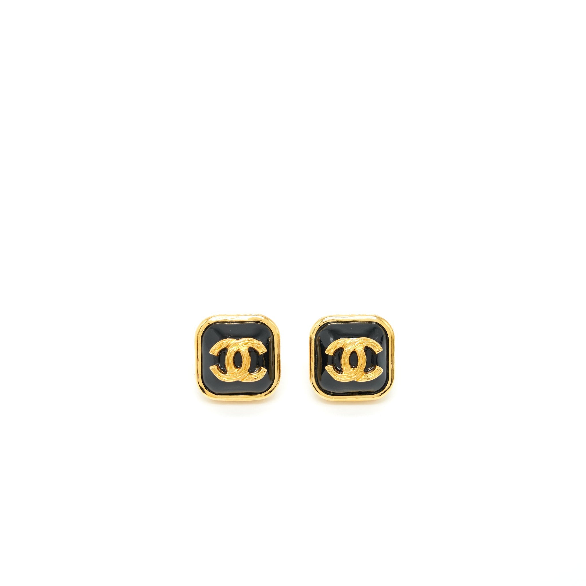 CHANEL SQUARE WITH CC LOGO EARRINGS BLACK AND GOLD TONE
