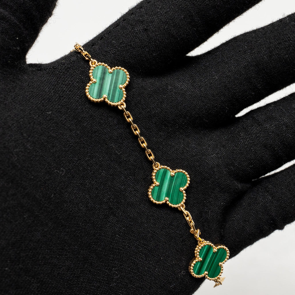VAN CLEEF & ARPELS VINTAGE ALHAMBRA BRACELET 5 MOTIFS MALACHITE YELLOW GOLD