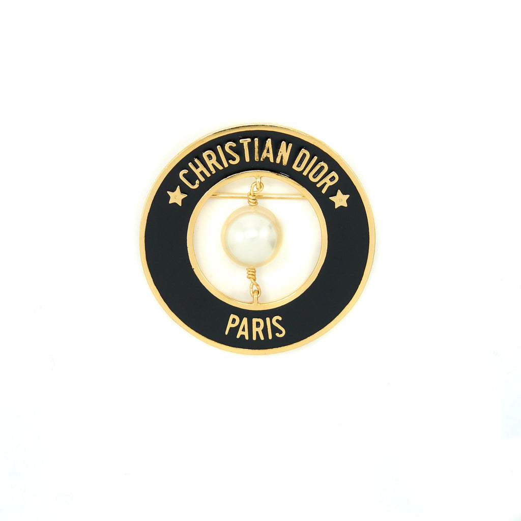 CHRISTIAN DIOR ROUND PEARL BROOCH BLACK GHW