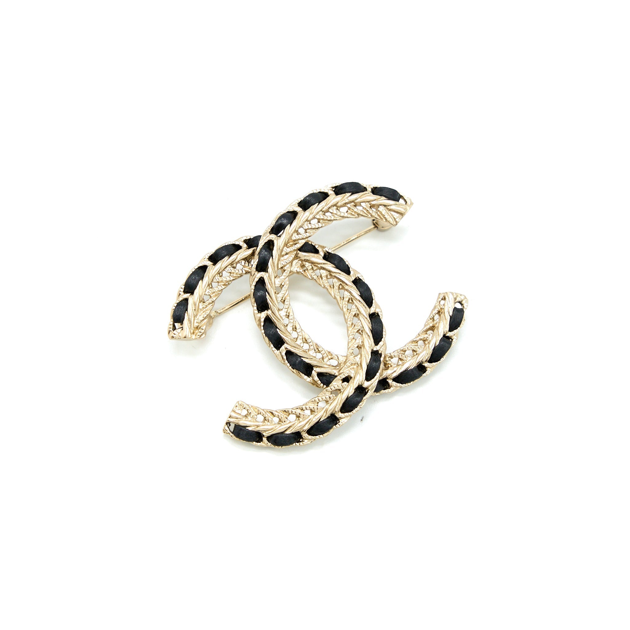 CHANEL CC LOGO LEATHER CHAIN BROOCH BLACK LGHW