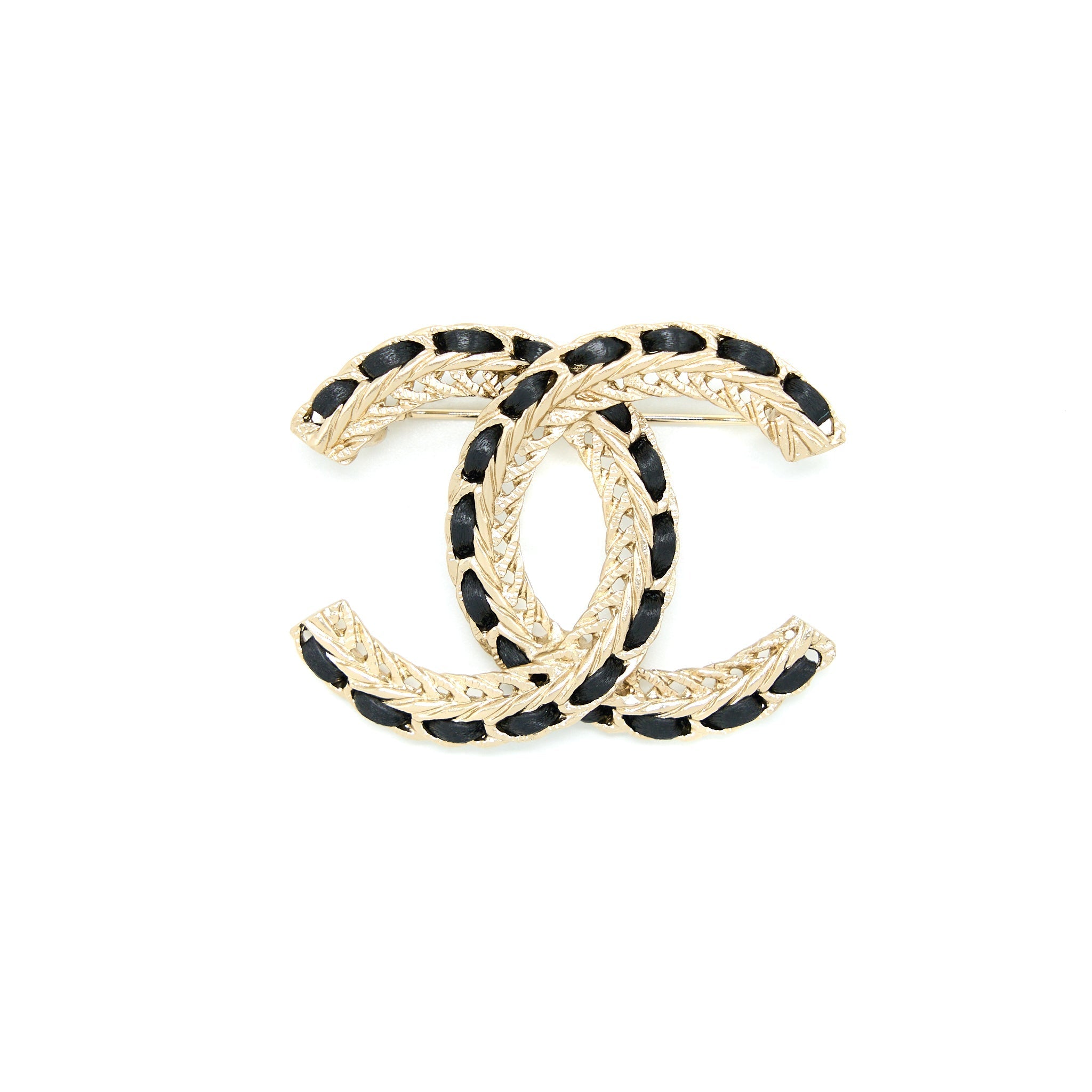 CHANEL CC LOGO LEATHER CHAIN BROOCH BLACK LGHW