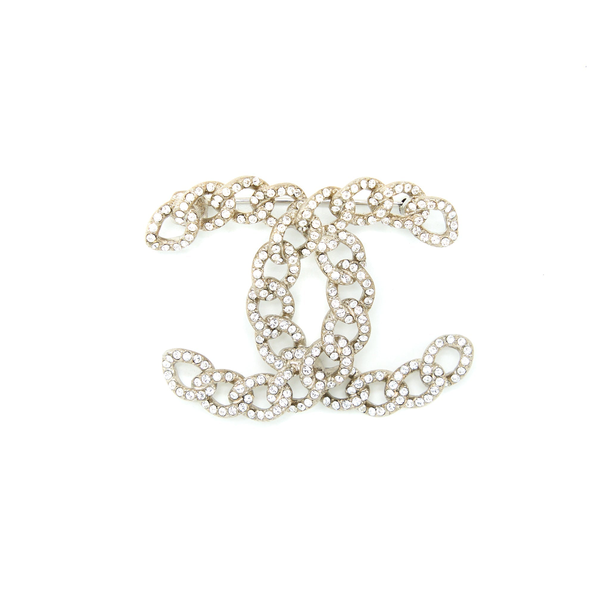 CHANEL TWISTED CC CRYSTAL LOGO BROOCH SHW