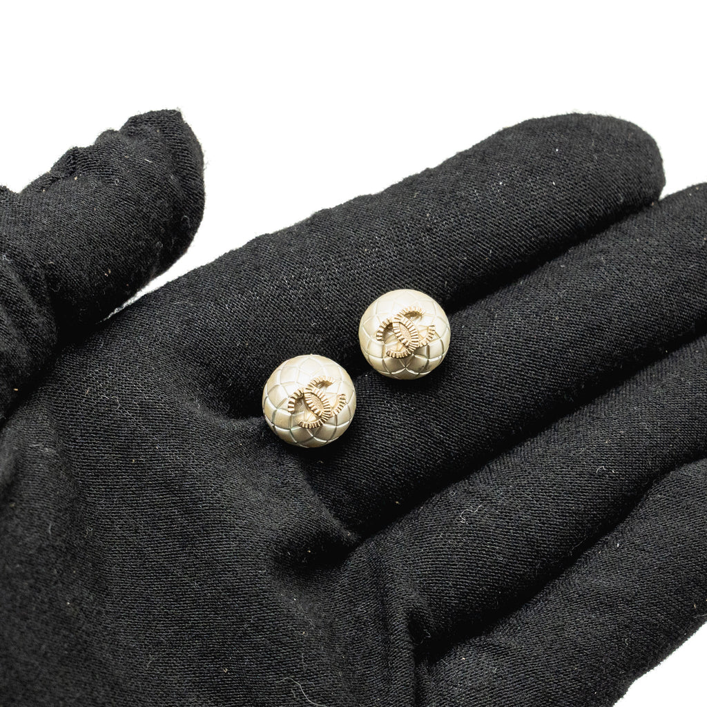 CHANEL COCO MARK QUILTED BUTTON EARRINGS LIGHT GOLD TONE