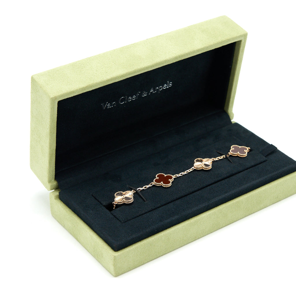 VAN CLEEF & ARPELS VINTAGE ALHAMBRA 5 MOTIFS GUILLOCHE BRACELET CARNELIAN ROSE GOLD