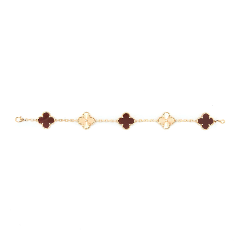 VAN CLEEF & ARPELS VINTAGE ALHAMBRA 5 MOTIFS GUILLOCHE BRACELET CARNELIAN ROSE GOLD