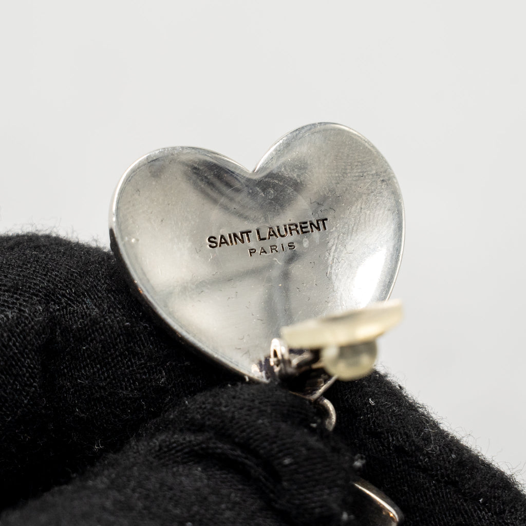 SAINT LAURENT HEART AND LETTER EAR CLIPS SILVER TONE