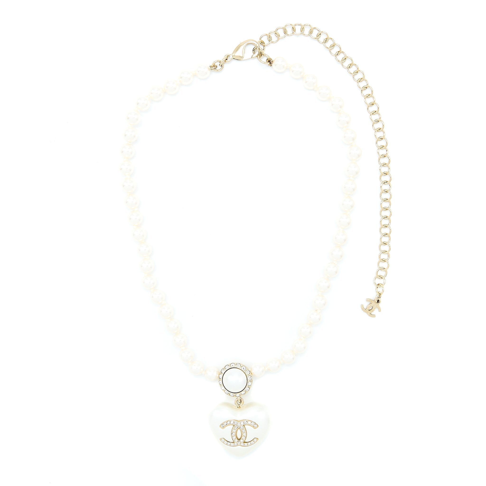 CHANEL CC LOGO HEART NECKLACE PEARL/CRYSTAL LIGHT GOLD TONE