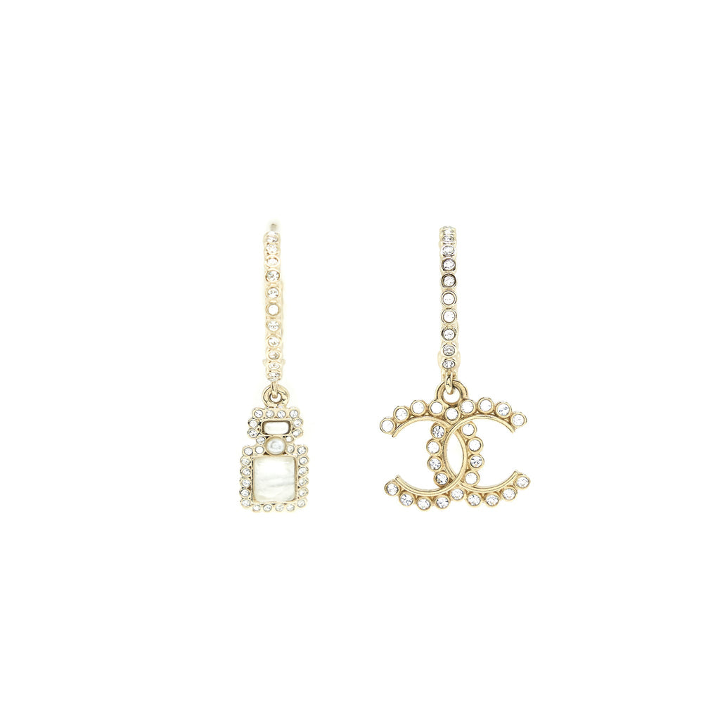 CHANEL 21K PEARL CC AND PERFUME BOTTLE CHARM DROP EARRINGS