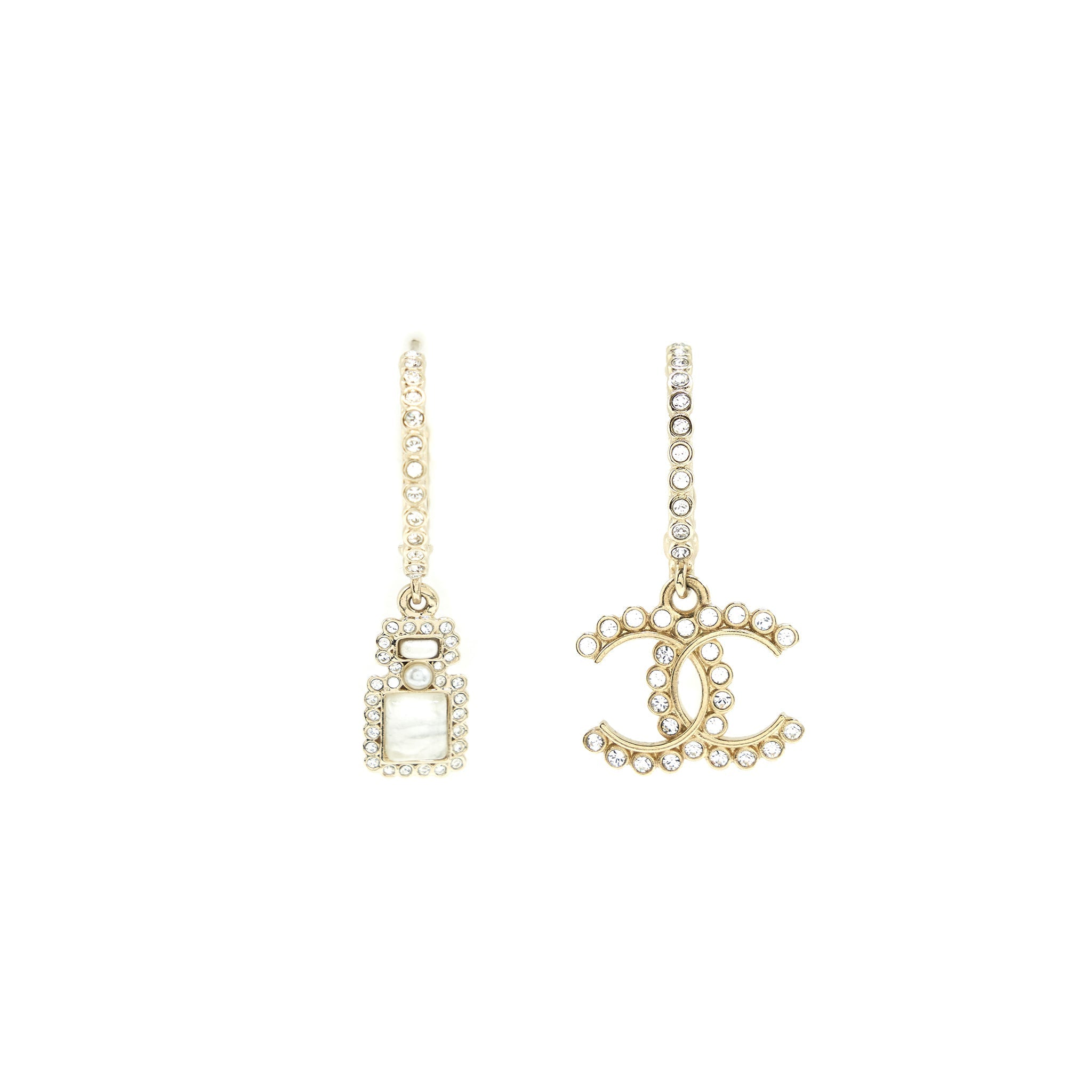 CHANEL 21K PEARL CC AND PERFUME BOTTLE CHARM DROP EARRINGS