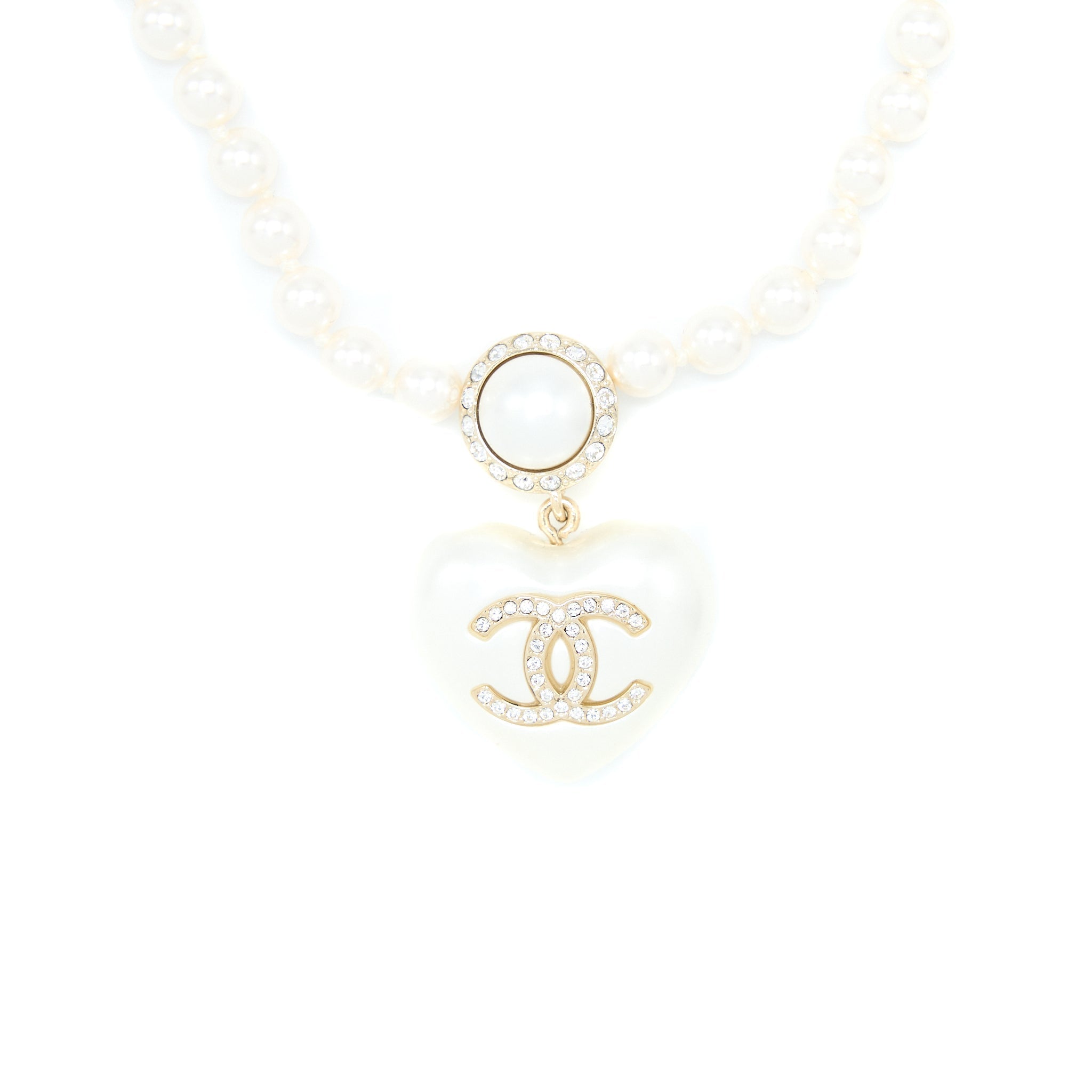 CHANEL CC LOGO HEART NECKLACE PEARL/CRYSTAL LIGHT GOLD TONE