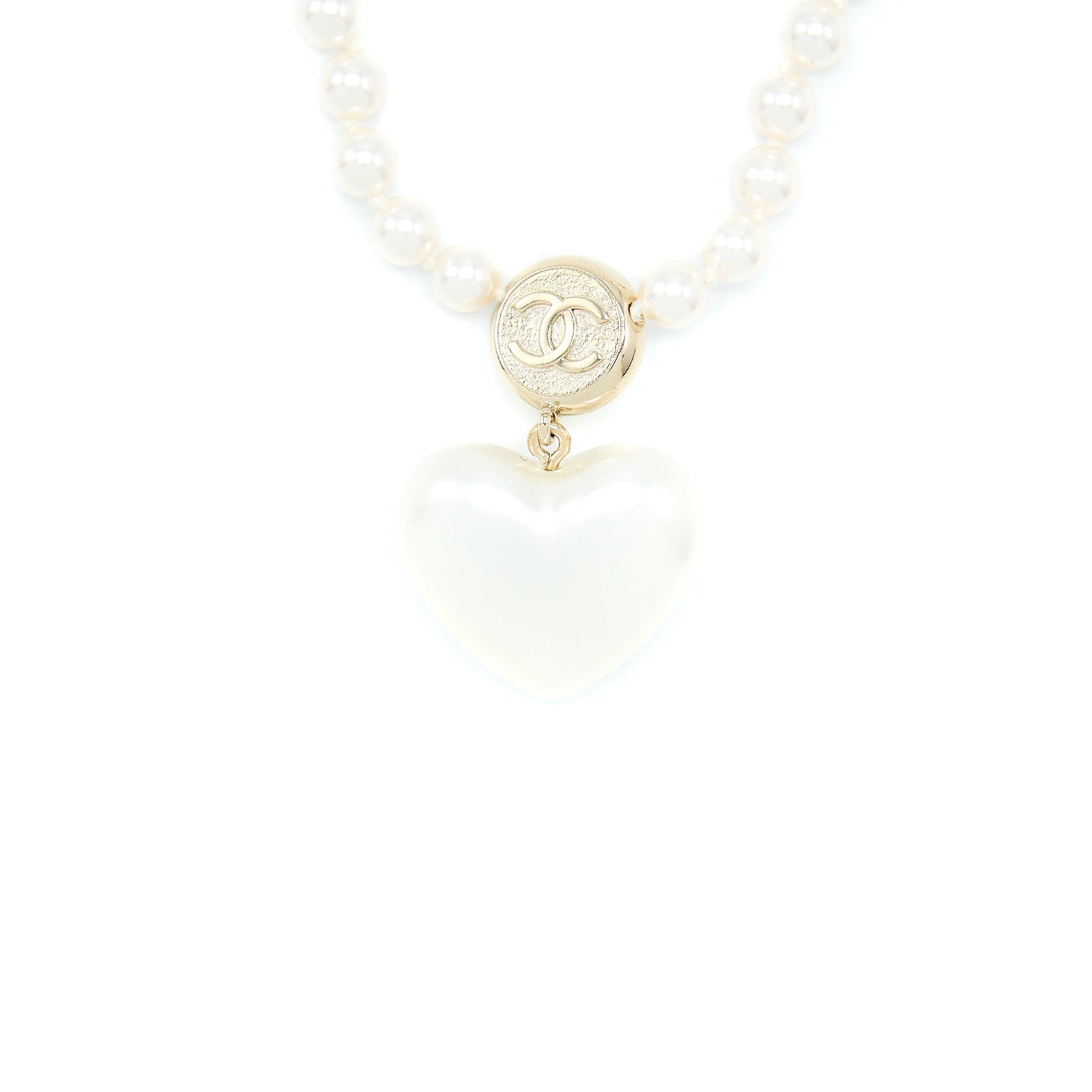 CHANEL CC LOGO HEART NECKLACE PEARL/CRYSTAL LIGHT GOLD TONE