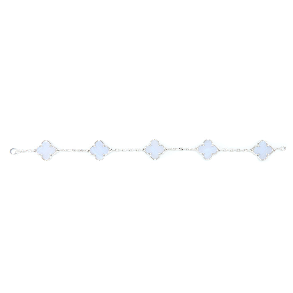 VAN CLEEF&ARPELS VINTAGE ALHAMBRA BRACELET, 5 MOTIFS 18K WHITE GOLD, CHALCEDONY