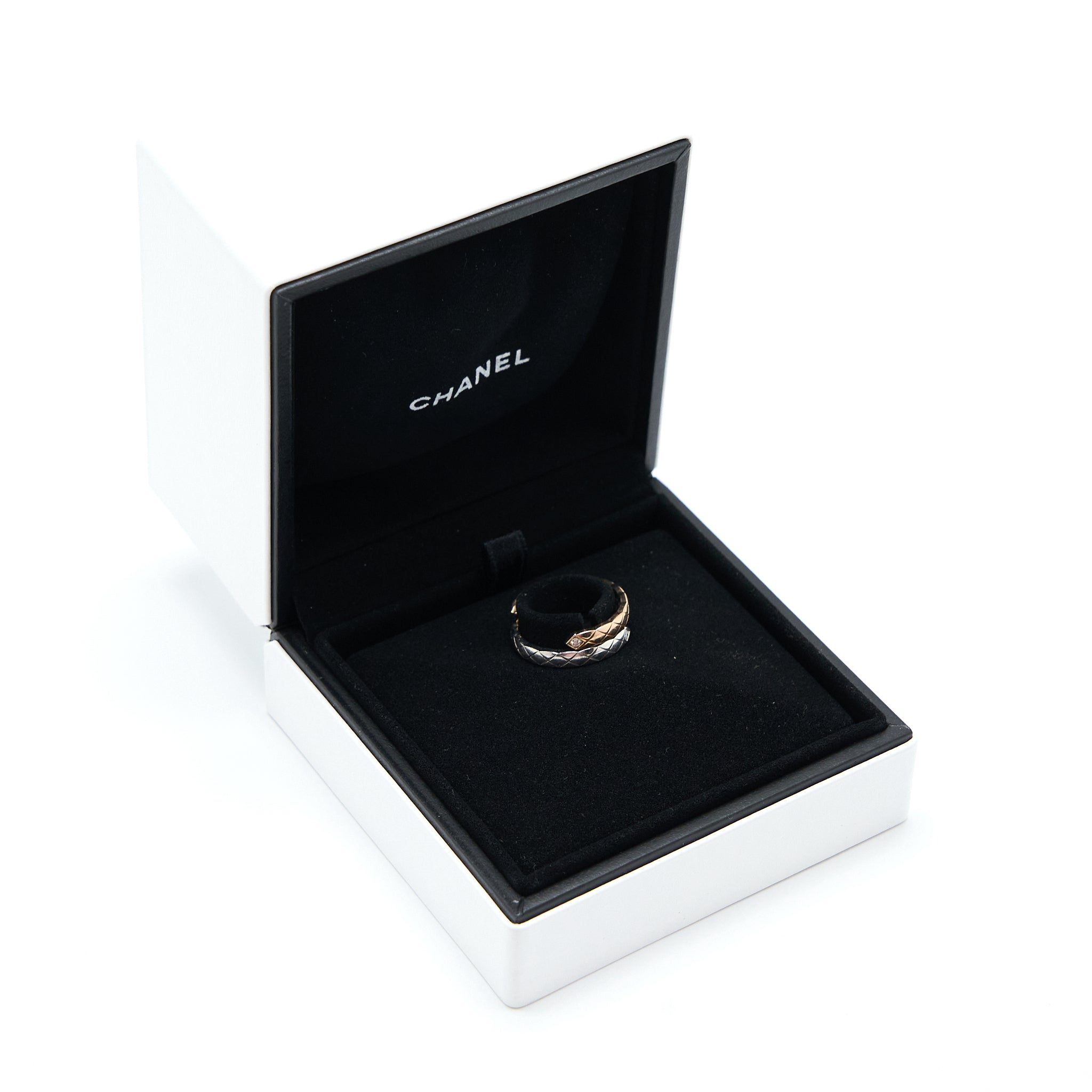 CHANEL COCO CRUSH TOILET MOI RING, SMALL VERSION 18K WHITE GOLD/BEIGE GOLD DIAMONDS