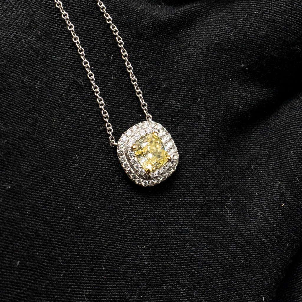 TIFFANY ONE CUSHION DIAMONDS PENDANT PLATINUM/GOLD 0.88CT, FI YELLOW COLOUR VS2