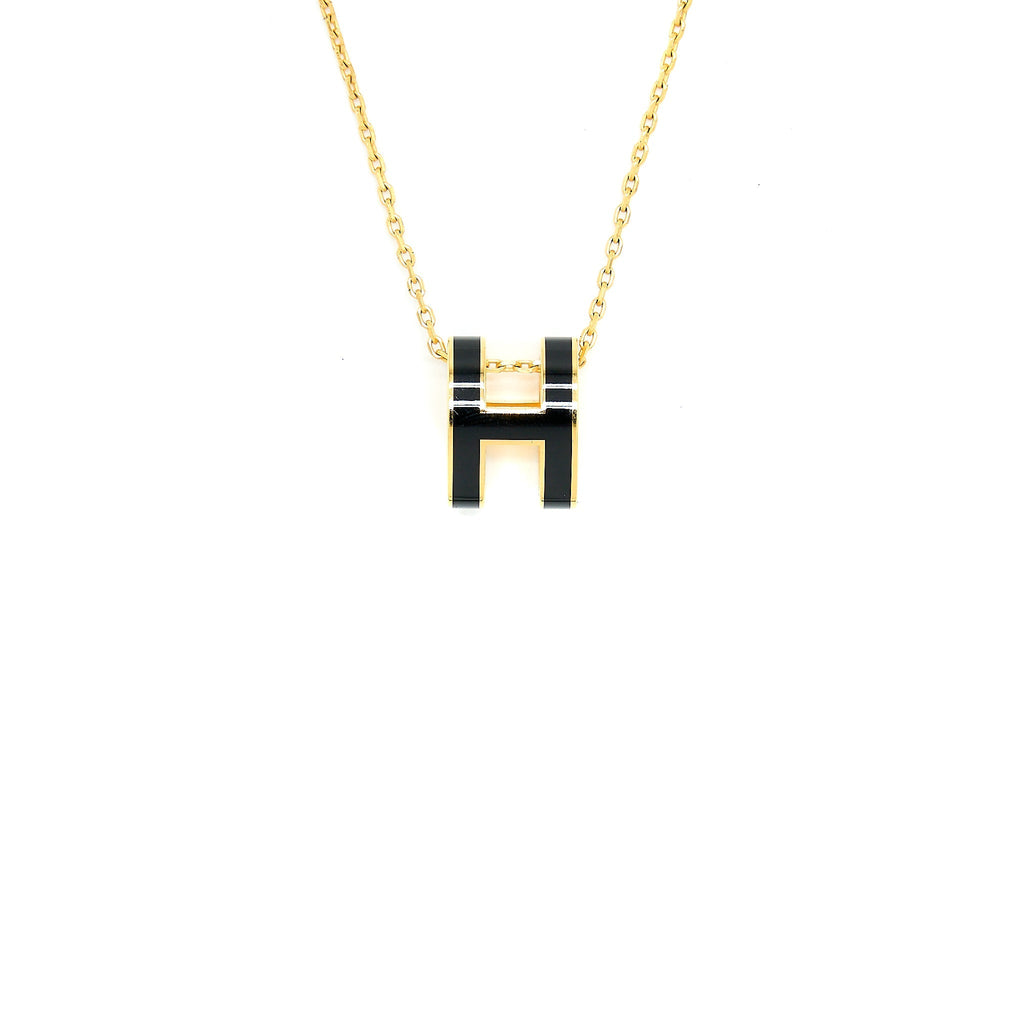 HERMES POP H PENDANT NECKLACE BLACK GOLD TONE
