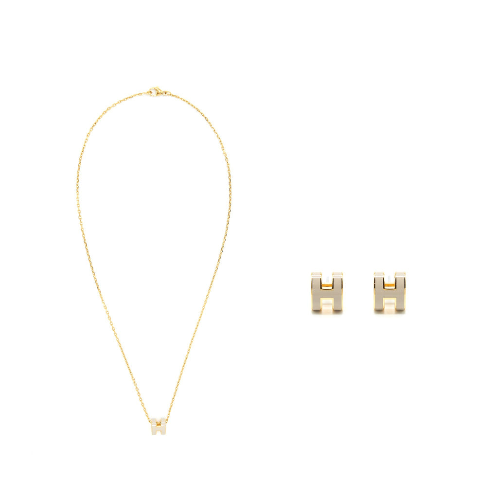 HERMES MINI POP H PENDANT AND EARRINGS MARRON GLACÉ GHW (SELL IN A SET)