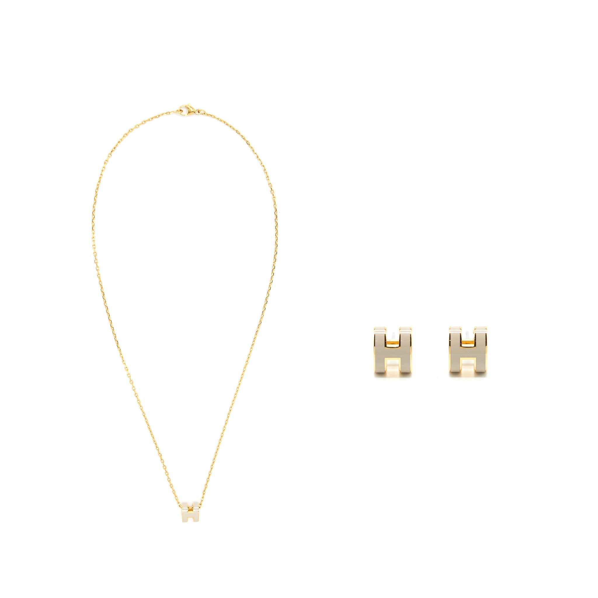 HERMES MINI POP H PENDANT AND EARRINGS MARRON GLACÉ GHW (SELL IN A SET)