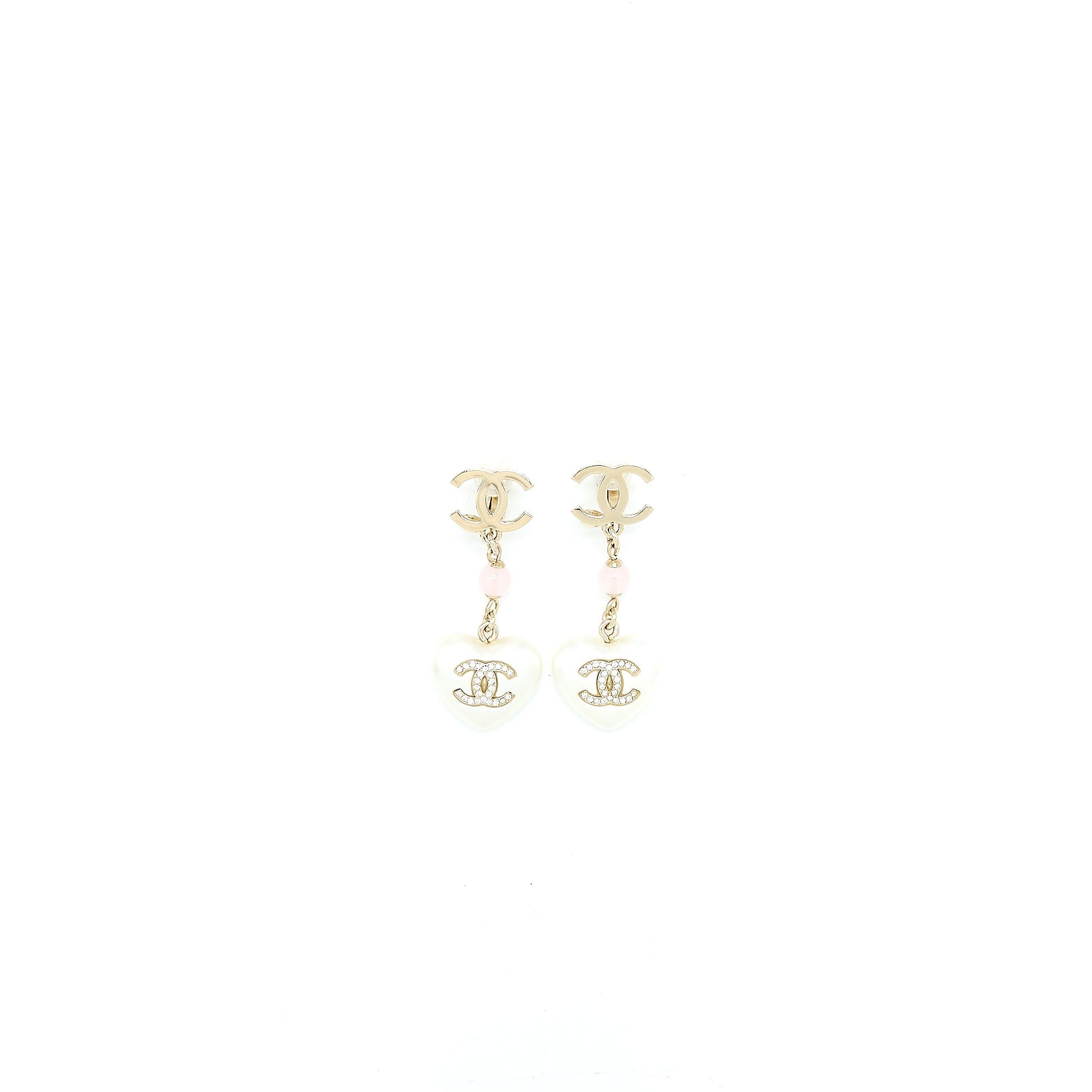 CHANEL CC LOGO HEART DROP EAR CLIPS CRYSTAL/PEARL LIGHT GOLD TONE