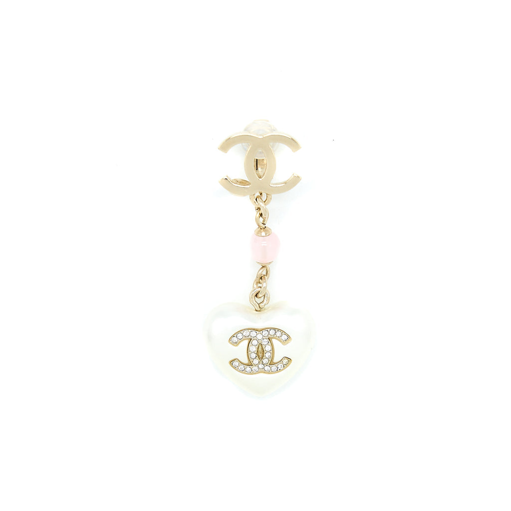 CHANEL CC LOGO HEART DROP EAR CLIPS CRYSTAL/PEARL LIGHT GOLD TONE