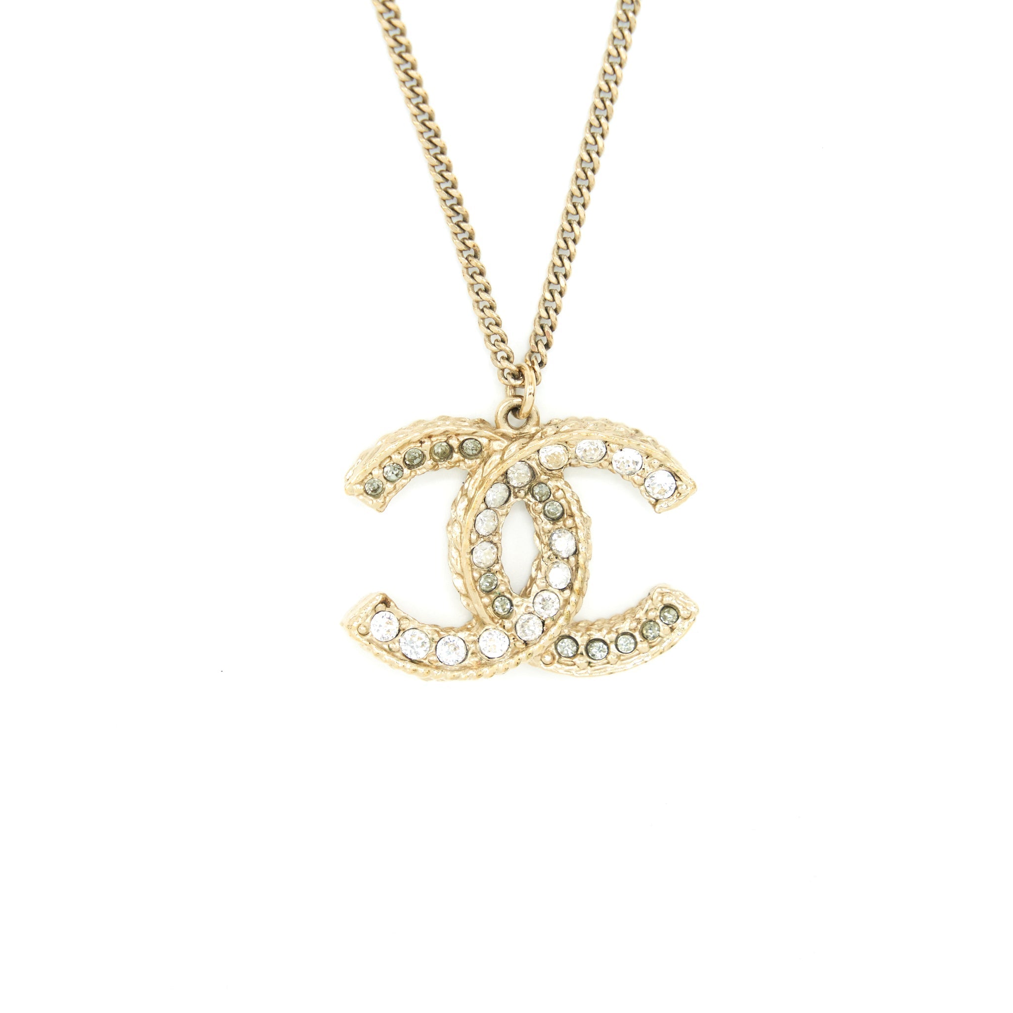 CHANEL CC LOGO WITH CRYSTAL NECKLACE LIGHT GOLD TONE