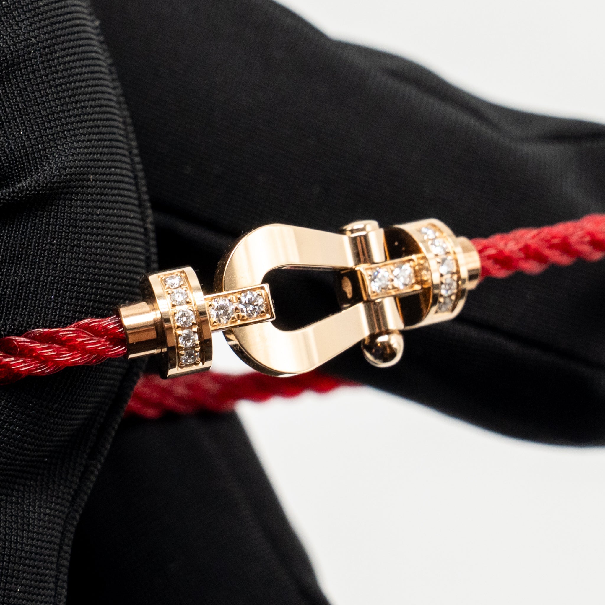 FRED FORCE 10 BRACELET, HALF DIAMONDS BUCKLE WITH RED CABLE PINK GOLD