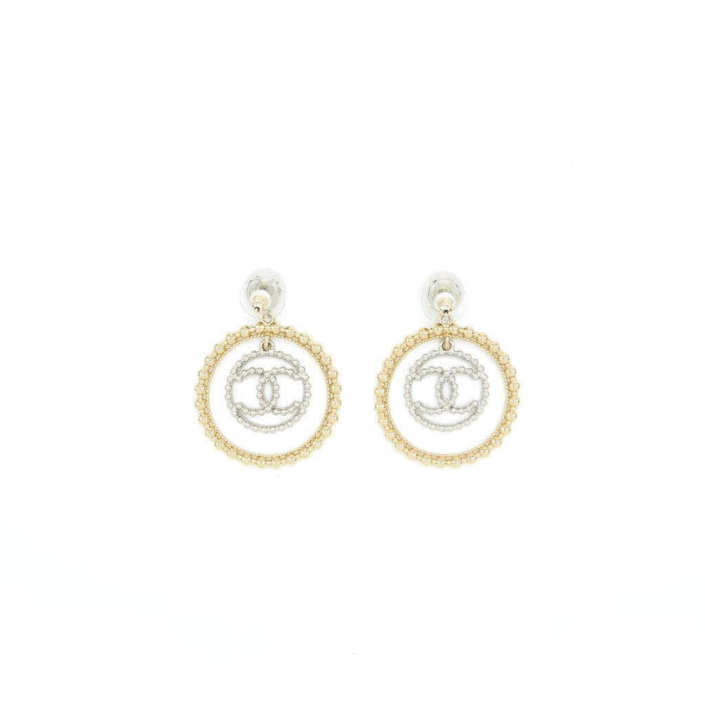 CHANEL GIANT CC LOGO AND ROUND EARRINGS SILVER/LIGHT GOLD TONE