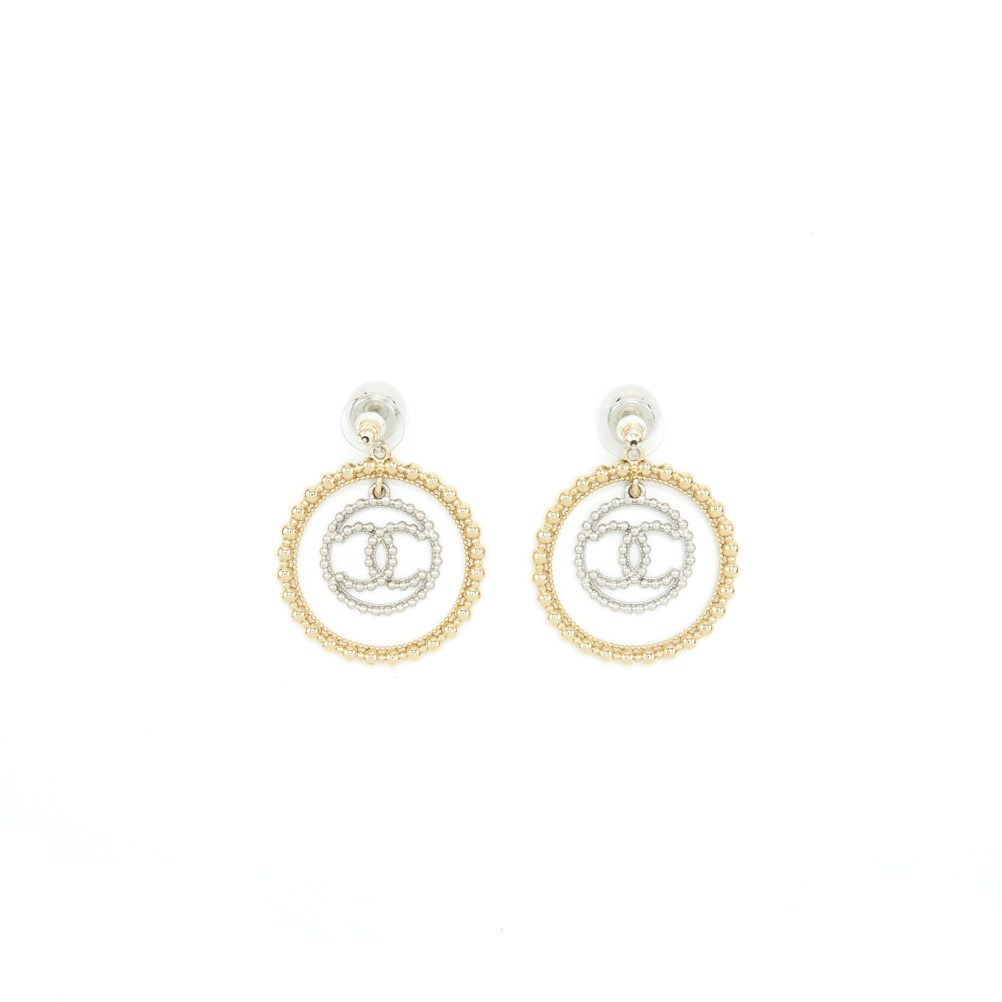 CHANEL GIANT CC LOGO AND ROUND EARRINGS SILVER/LIGHT GOLD TONE