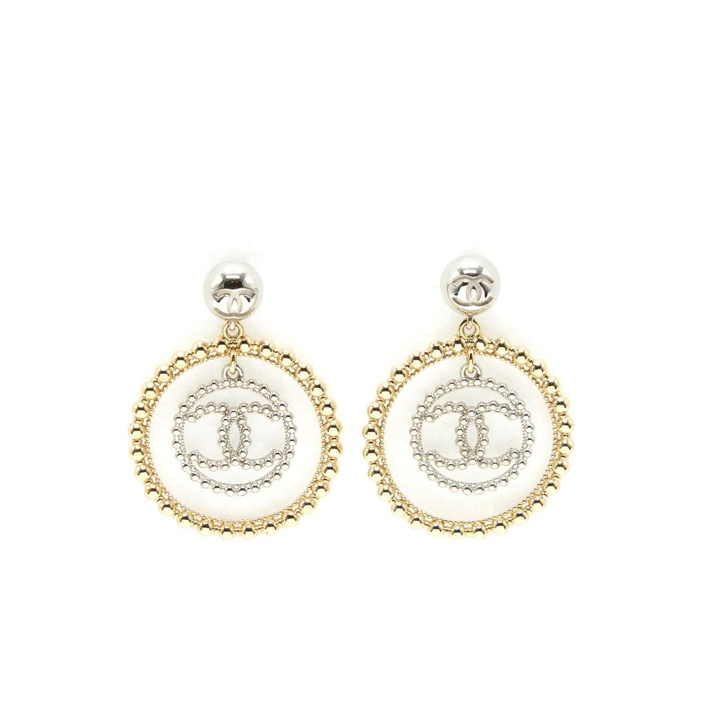 CHANEL GIANT CC LOGO AND ROUND EARRINGS SILVER/LIGHT GOLD TONE