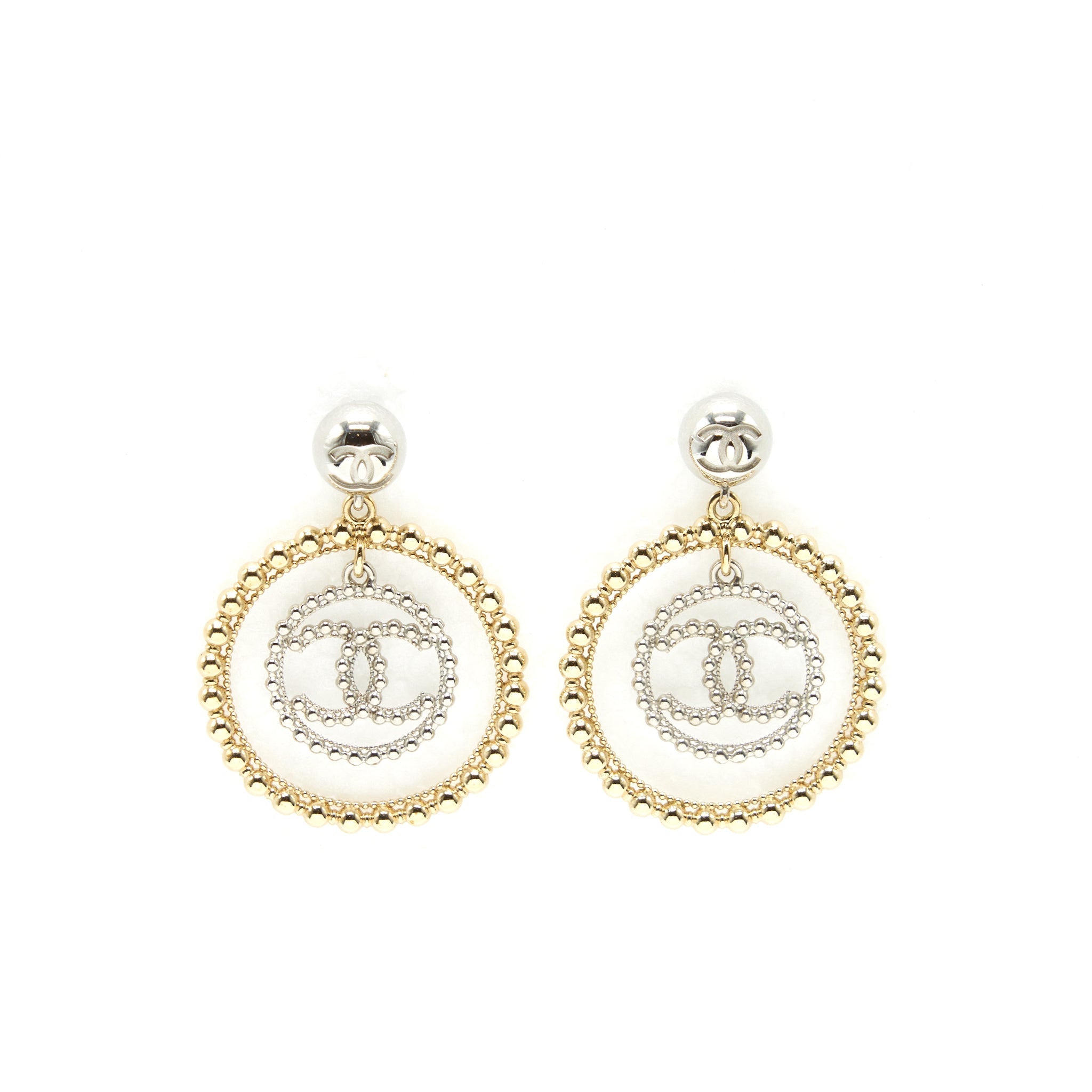 CHANEL GIANT CC LOGO AND ROUND EARRINGS SILVER/LIGHT GOLD TONE