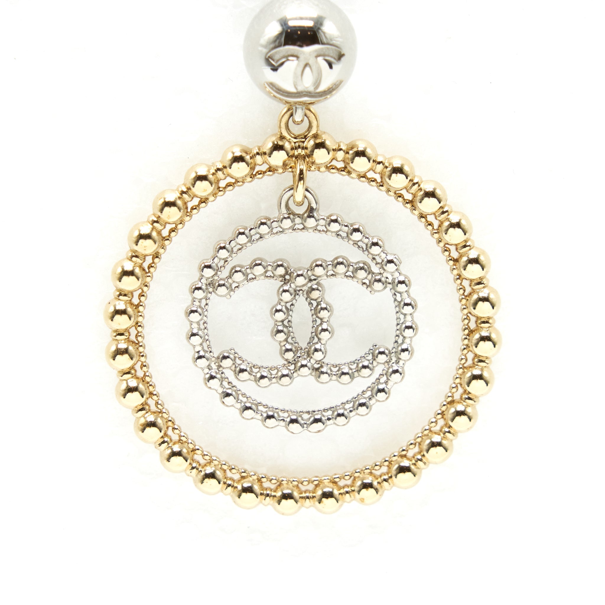 CHANEL GIANT CC LOGO AND ROUND EARRINGS SILVER/LIGHT GOLD TONE