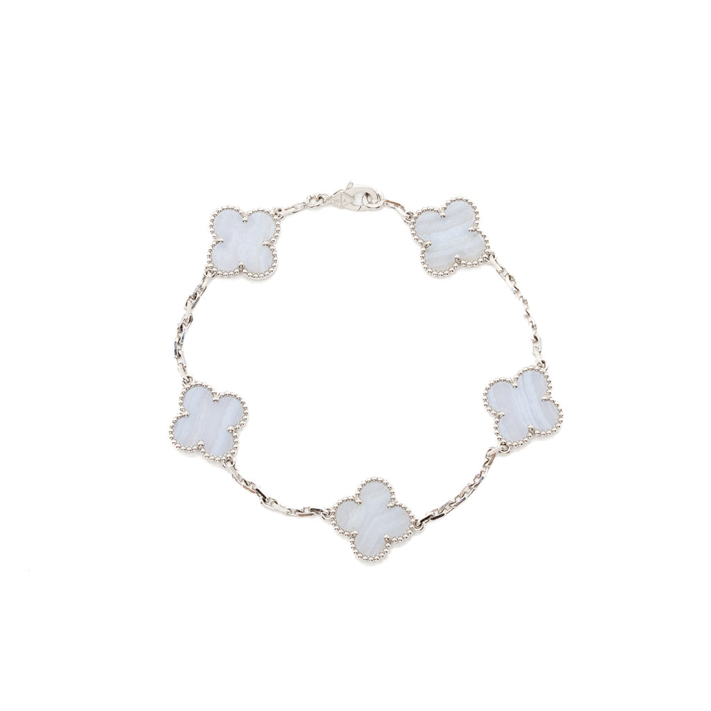 VAN CLEEF&ARPELS VINTAGE ALHAMBRA BRACELET, 5 MOTIFS 18K WHITE GOLD, CHALCEDONY