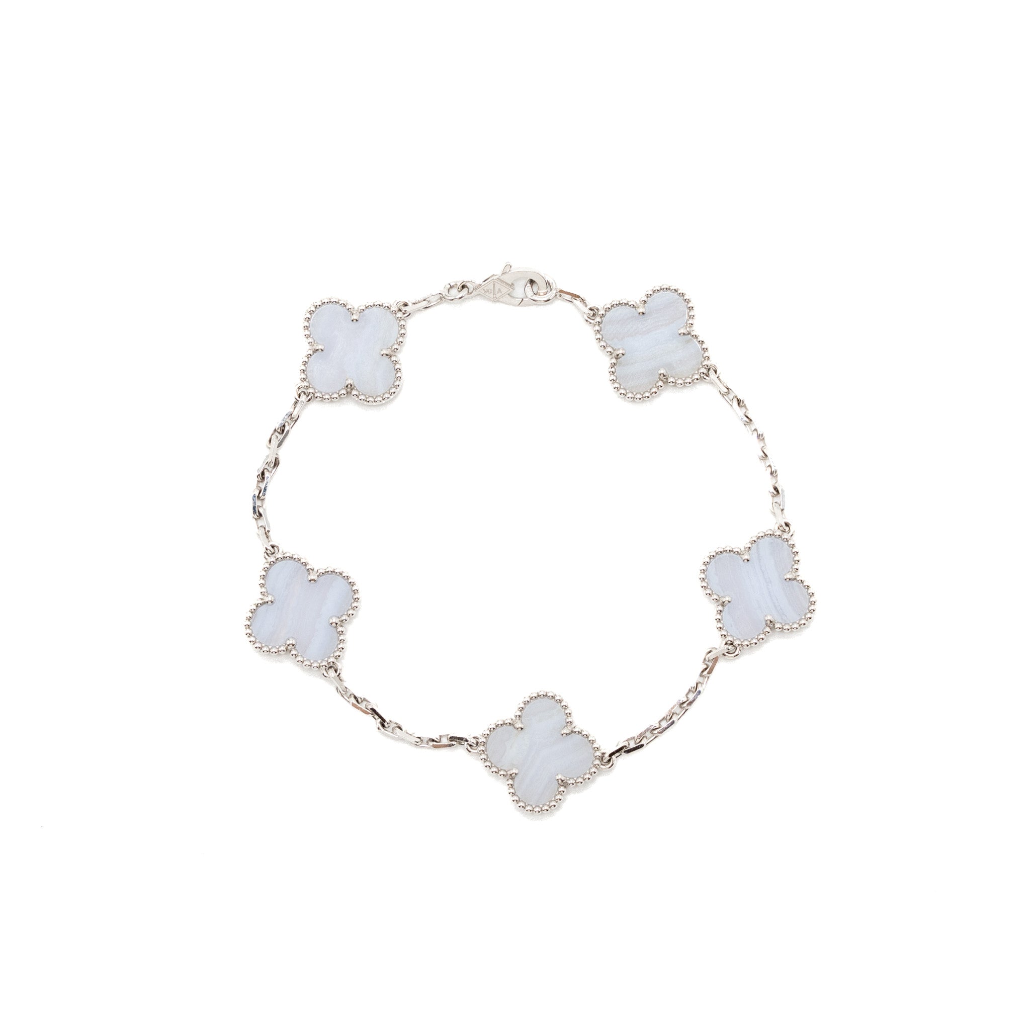 VAN CLEEF&ARPELS VINTAGE ALHAMBRA BRACELET, 5 MOTIFS 18K WHITE GOLD, CHALCEDONY