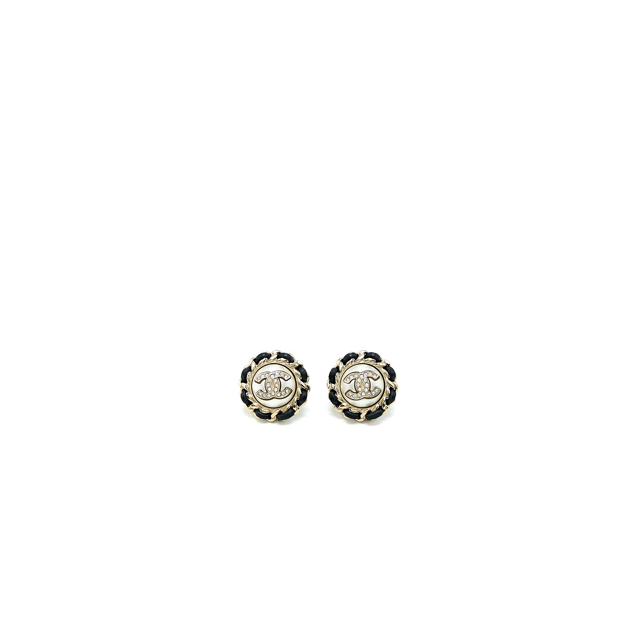 CHANEL CC LOGO ROUND PEARL EARRING WITH BLACK LEATHER LIGHT GOLD TONE