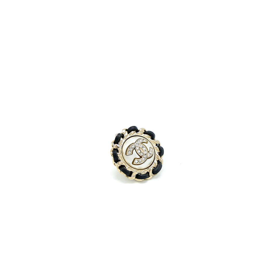 CHANEL CC LOGO ROUND PEARL EARRING WITH BLACK LEATHER LIGHT GOLD TONE