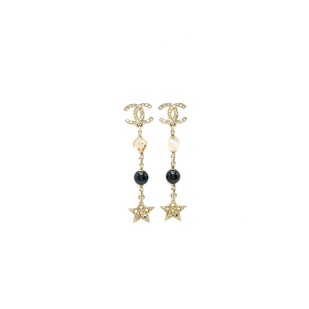 CHANEL CC LOGO WITH CRYSTALS STAR DROP EARRING LIGHT GOLD TONE