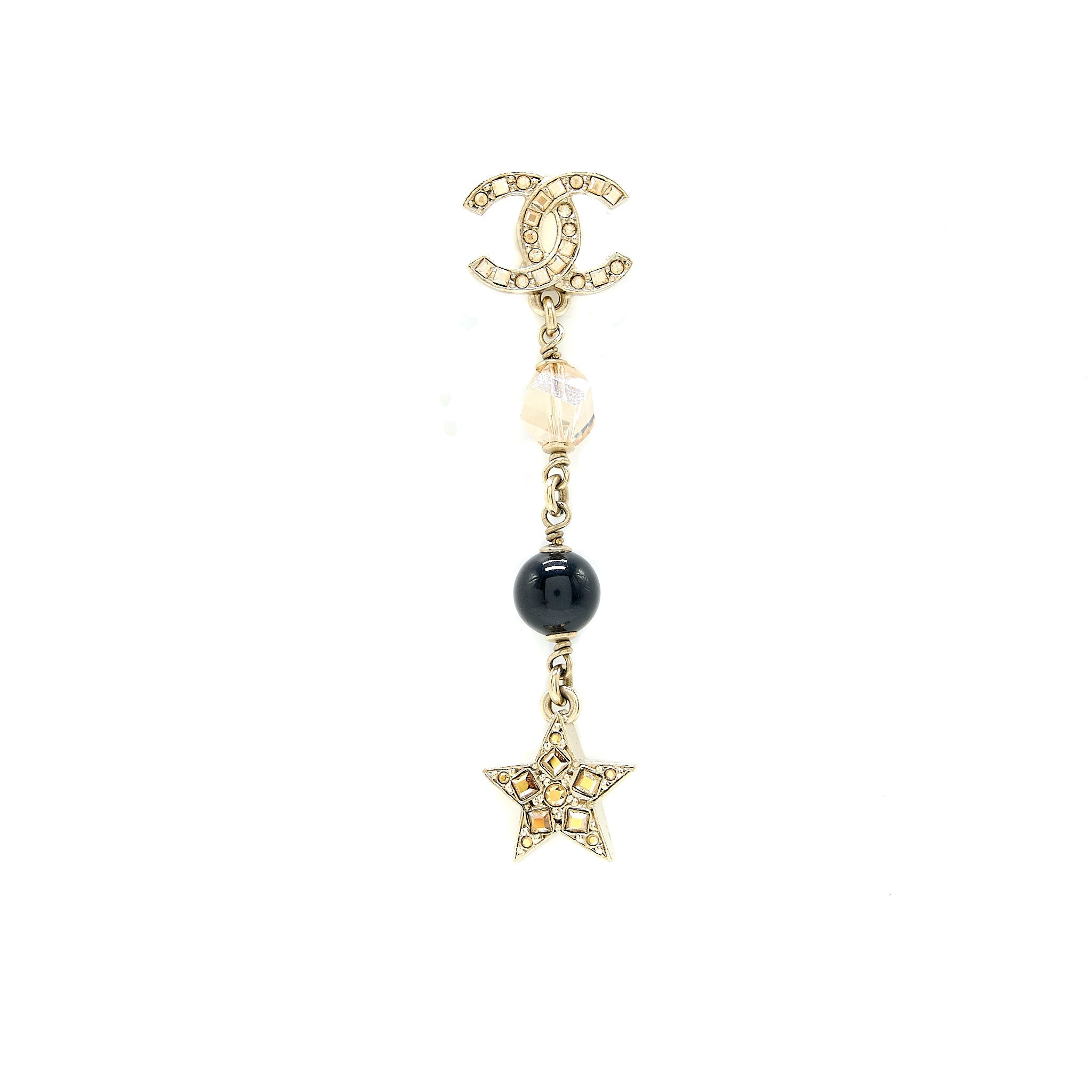CHANEL CC LOGO WITH CRYSTALS STAR DROP EARRING LIGHT GOLD TONE