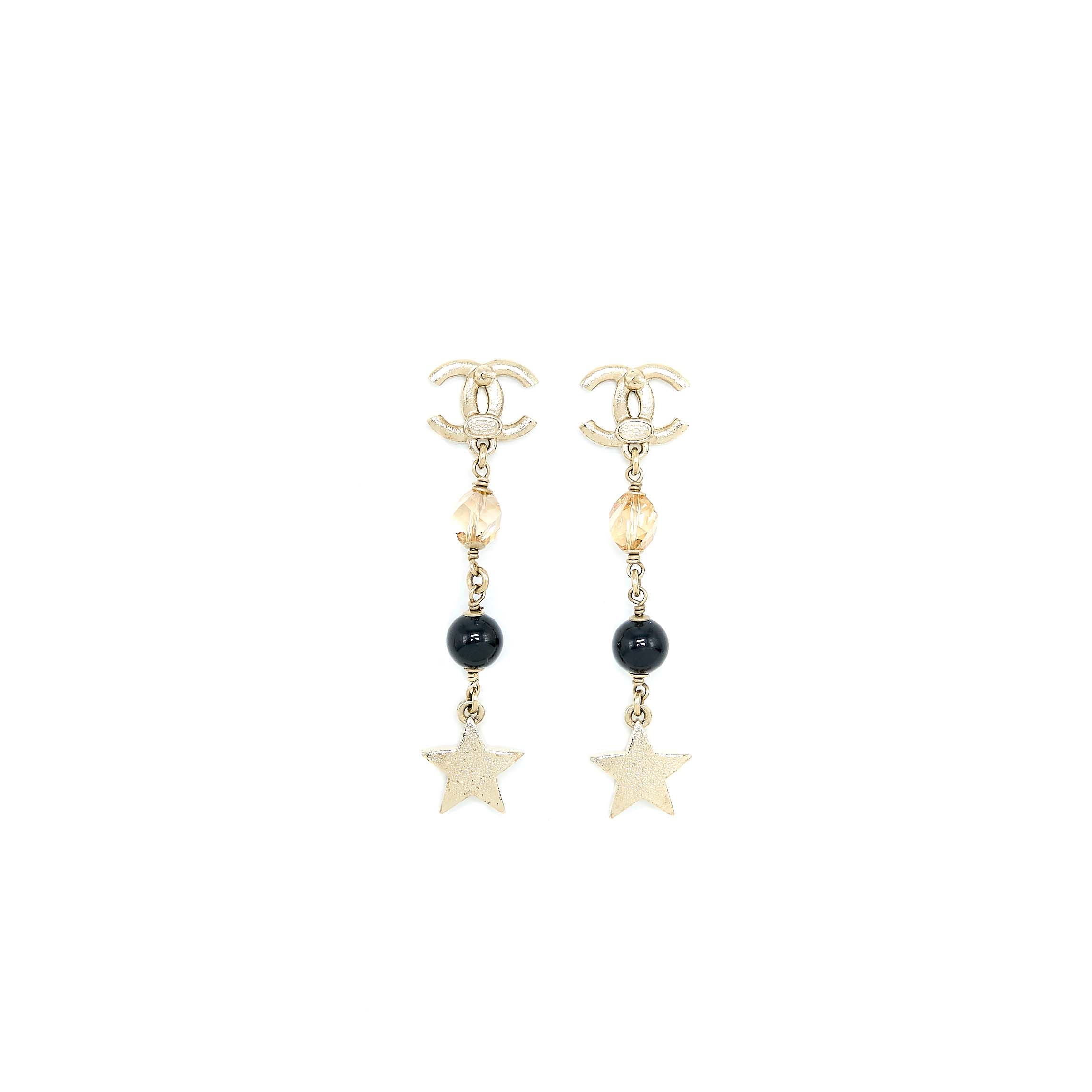 CHANEL CC LOGO WITH CRYSTALS STAR DROP EARRING LIGHT GOLD TONE