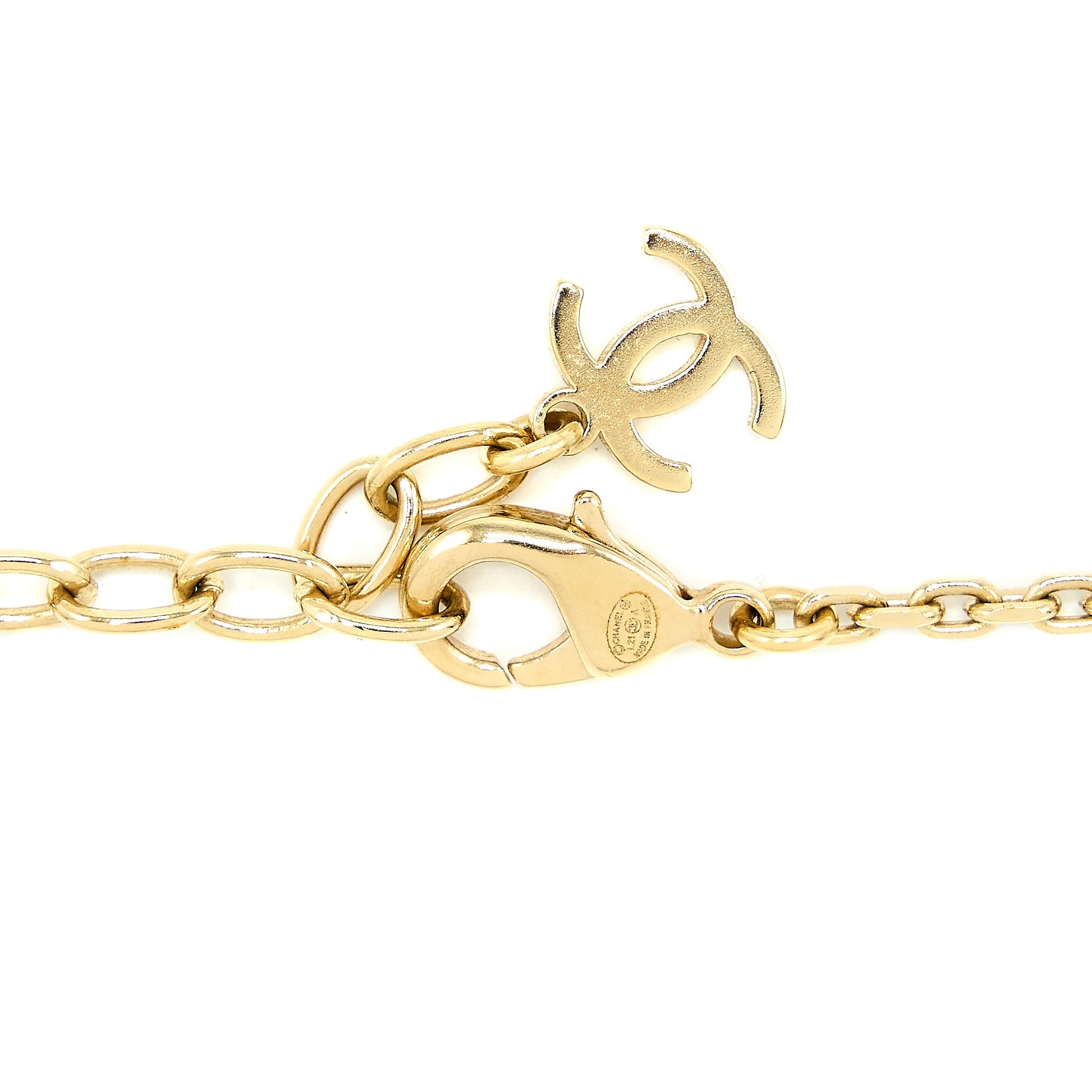 CHANEL 21A METAL PLATE AND CRYSTAL NECKLACE BRUSHED GOLD TONE