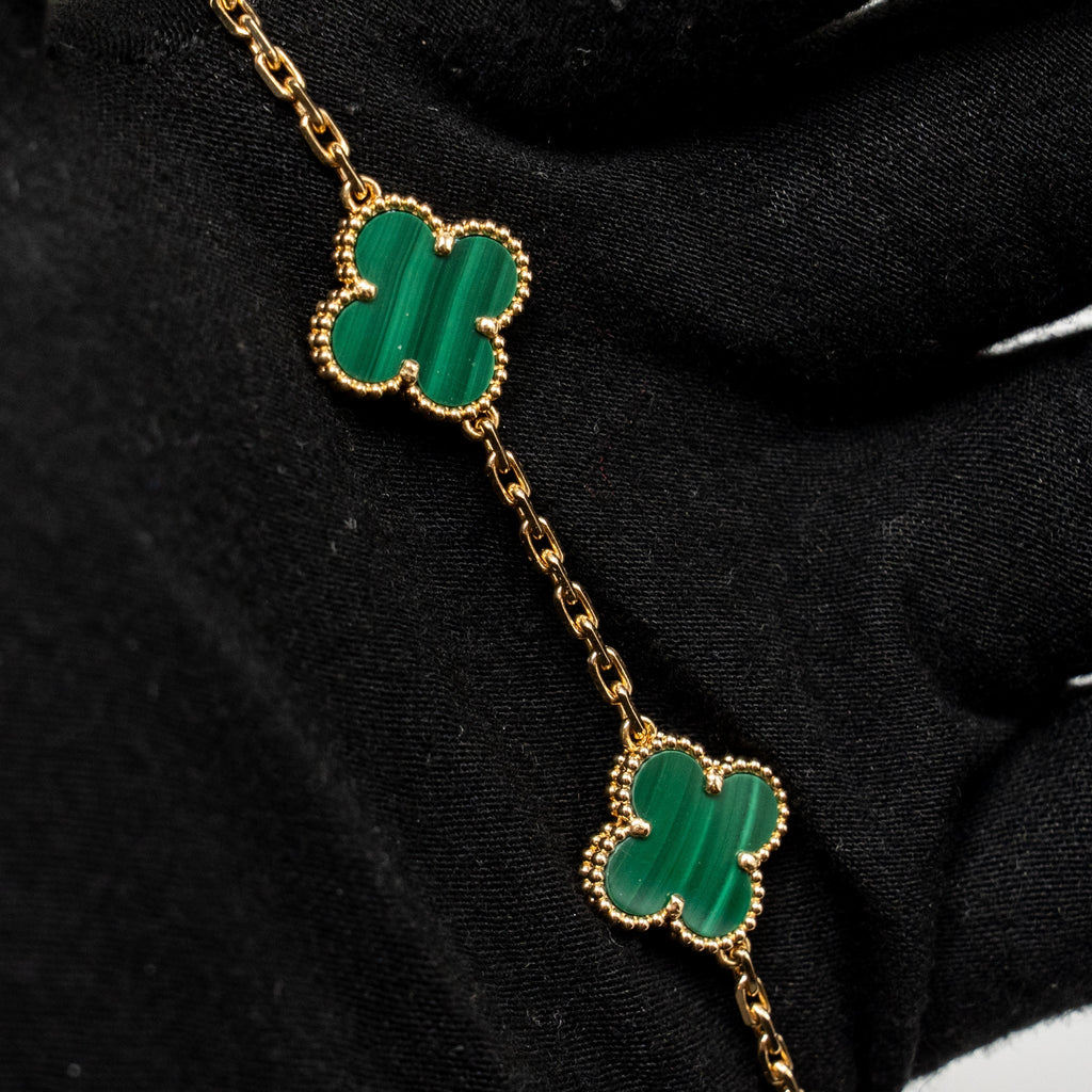 VAN CLEEF AND ARPELS VINTAGE ALHAMBRA BRACELET 5 MOTIF 18K YELLOW GOLD, MALACHITE